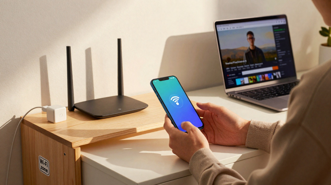 Pessoa a segurar smartphone com símbolo Wi-Fi, junto a router e computador portátil numa mesa.