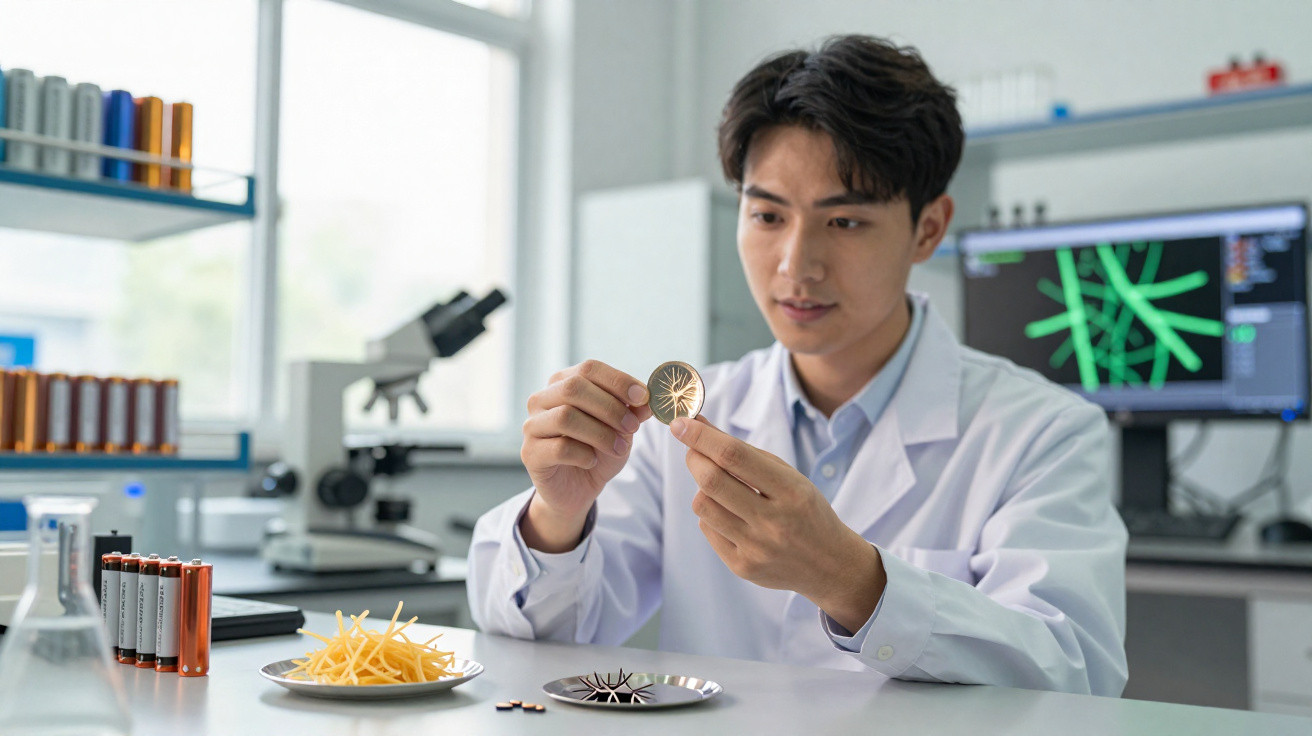 Cientista em laboratório a examinar componente tecnológico circular com microchip, rodeado de equipamentos e baterias.