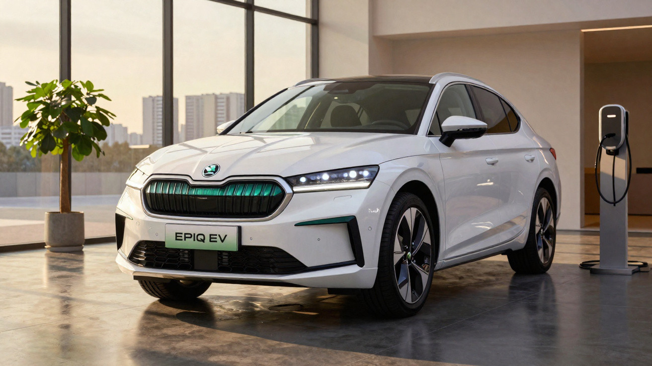 Carro elétrico branco Škoda Epiq EV estacionado em interior moderno com carregador elétrico.