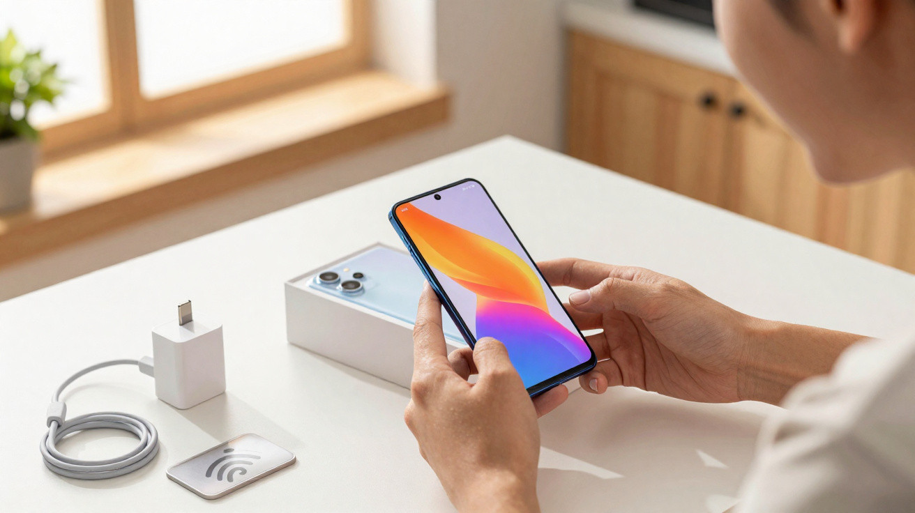 Pessoa a segurar smartphone novo com ecrã ligado, carregador e caixa na mesa branca.