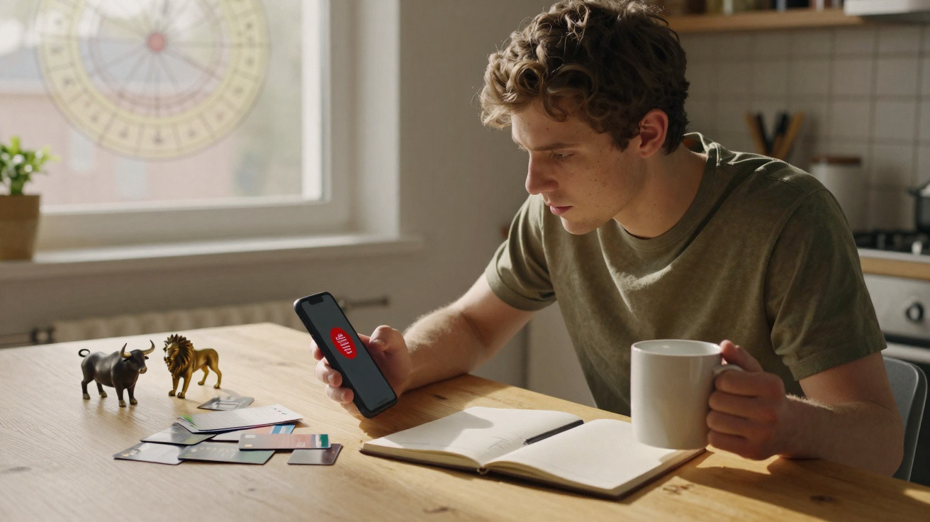 Jovem sentado à mesa com caneca, telemóvel a mostrar app de finanças e cadernos para anotações na cozinha.