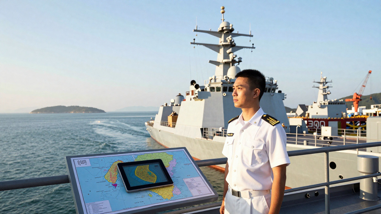 Marinheiro em uniforme branco na proa de um navio militar com oceano e outra embarcação ao fundo.