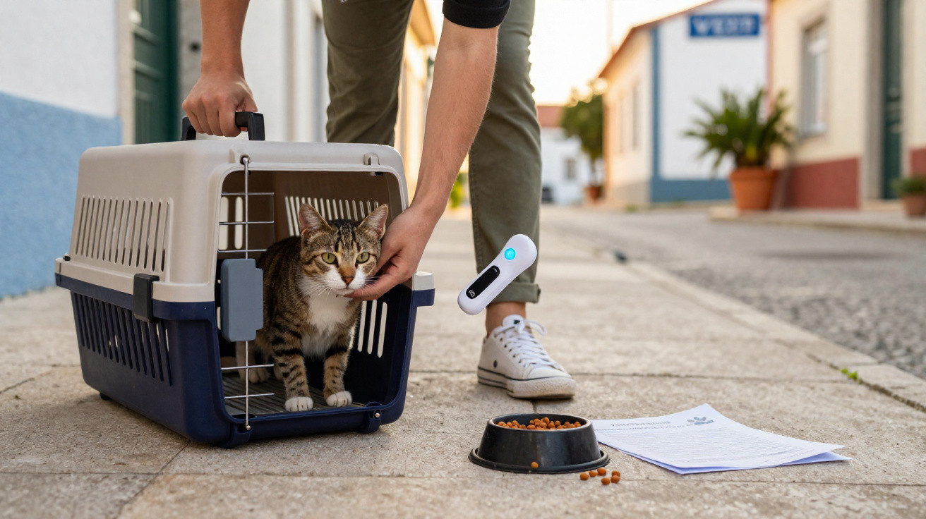 Gato a sair da caixa de transporte na rua, enquanto pessoa afaga-o e segura dispositivo branco.