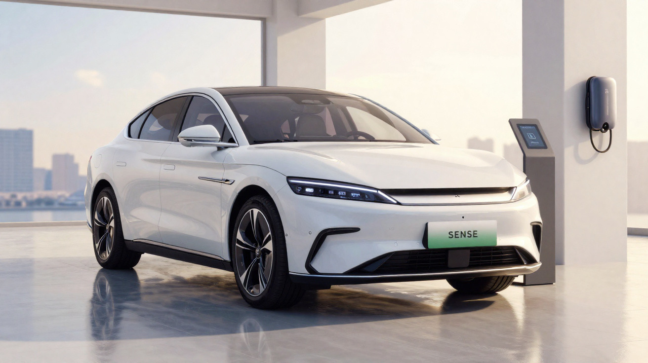 Carro eléctrico branco estacionado junto a um posto de carregamento em espaço moderno e luminoso.