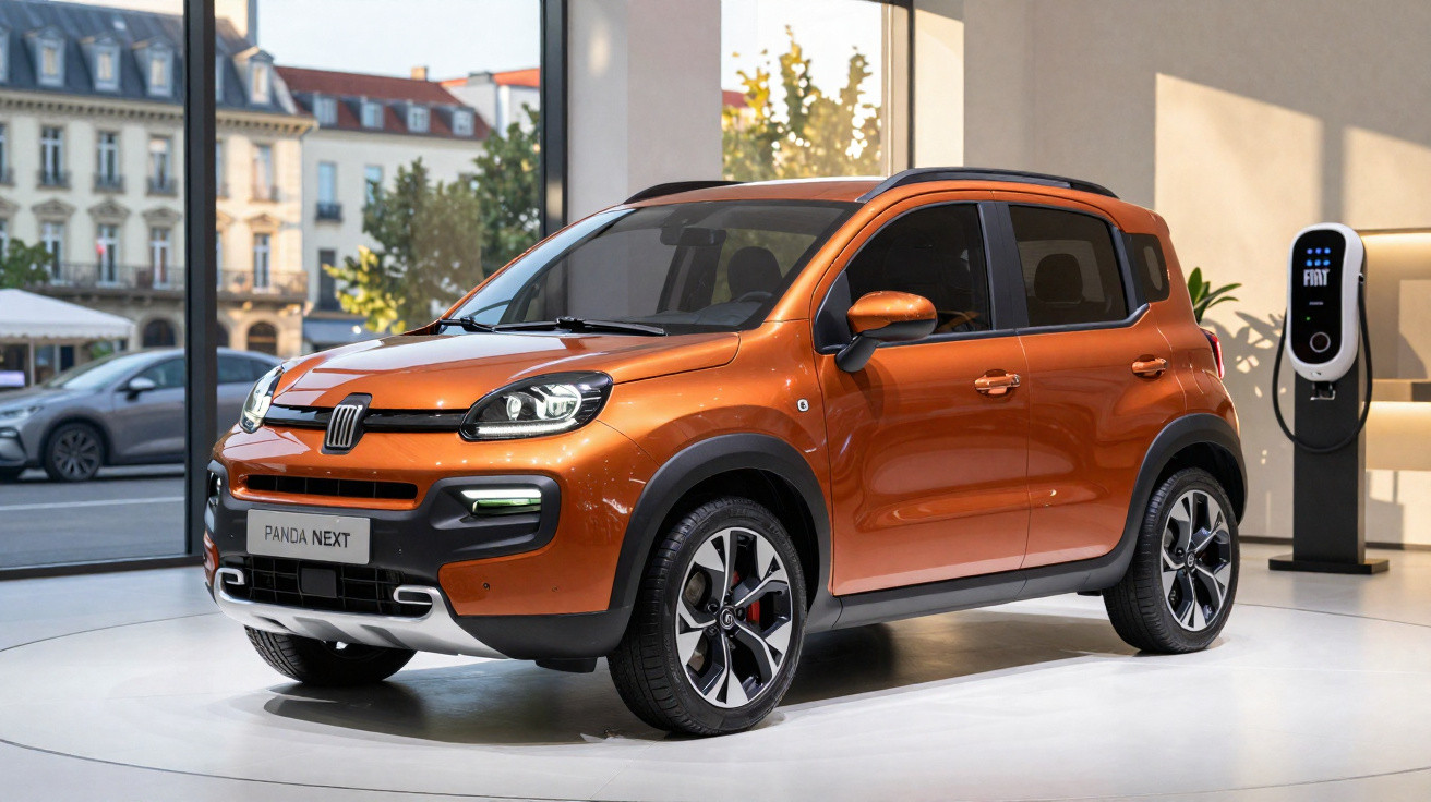 Carro elétrico Fiat Panda Next laranja em exposição numa sala moderna com carregador elétrico ao fundo.