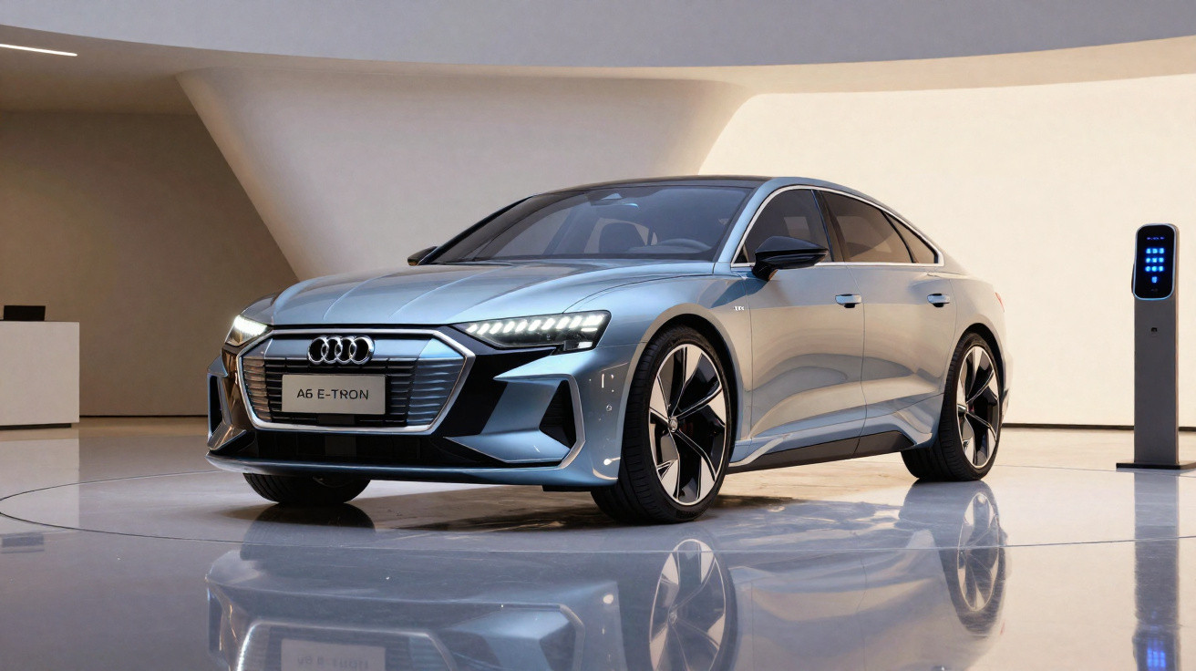 Carro elétrico Audi A6 e-tron prata estacionado numa sala moderna com carregador elétrico visível.