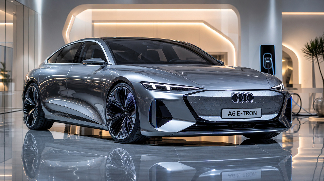 Carro elétrico Audi A6 E-Tron prata num interior moderno com chão espelhado.