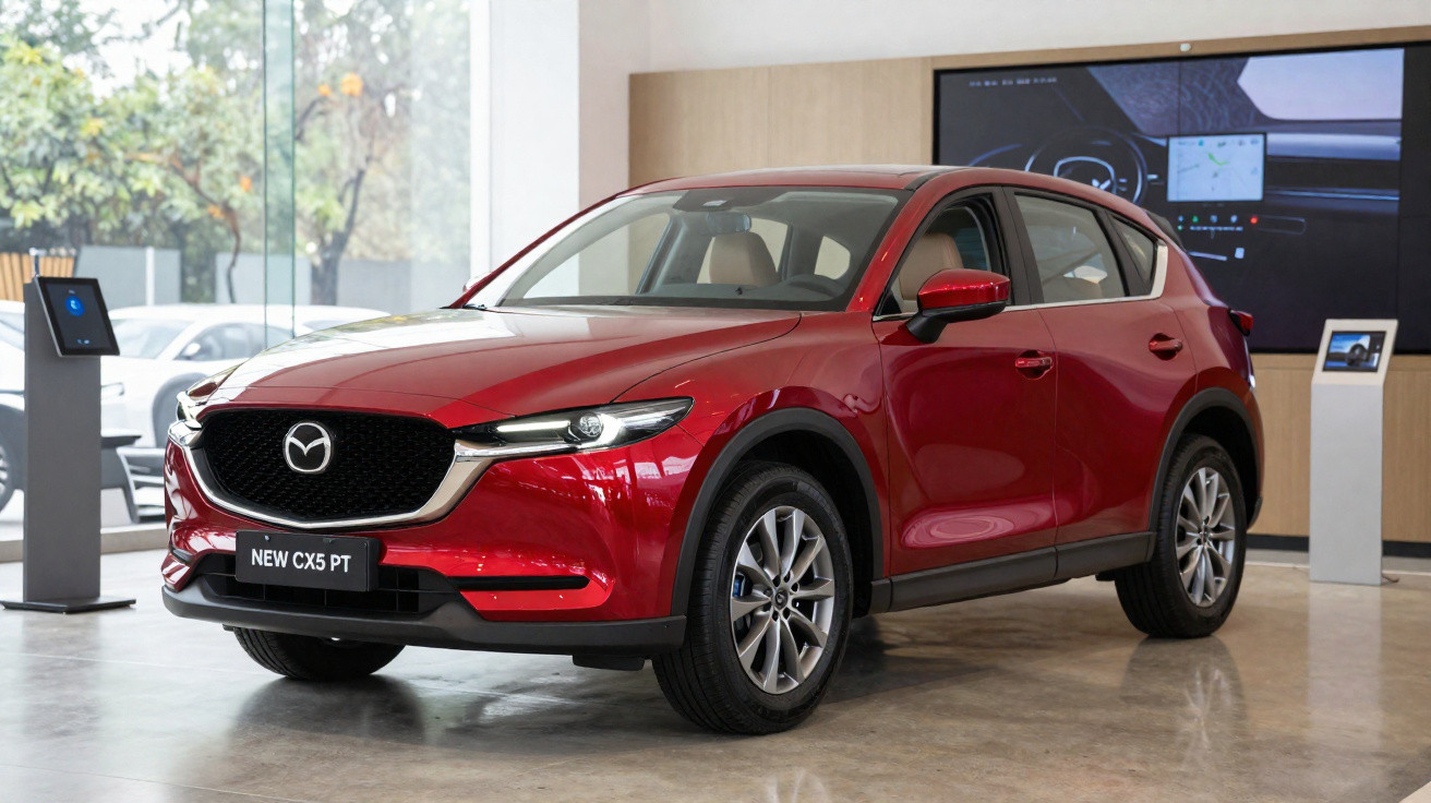 Carro Mazda CX-5 vermelho estacionado em showroom moderno com chão polido e ecrãs digitais ao fundo.