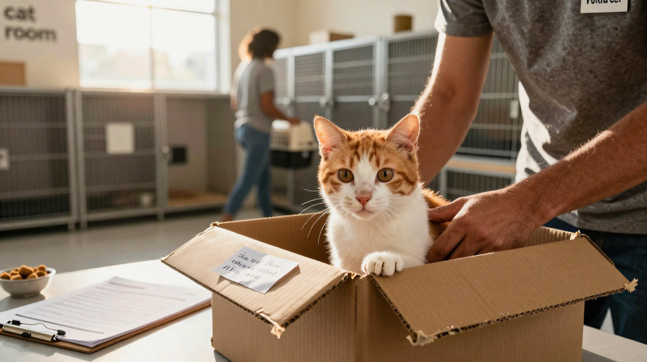 Gato laranja e branco dentro de uma caixa de cartão numa sala de adoção de animais.