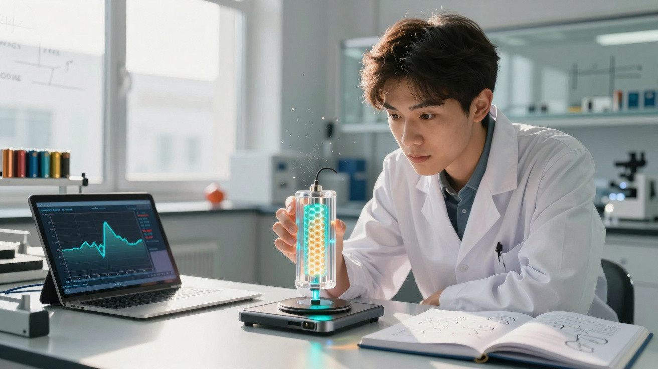 Jovem cientista em laboratório observa dispositivo tecnológico com padrão hexagonal iluminado azul e amarelo.