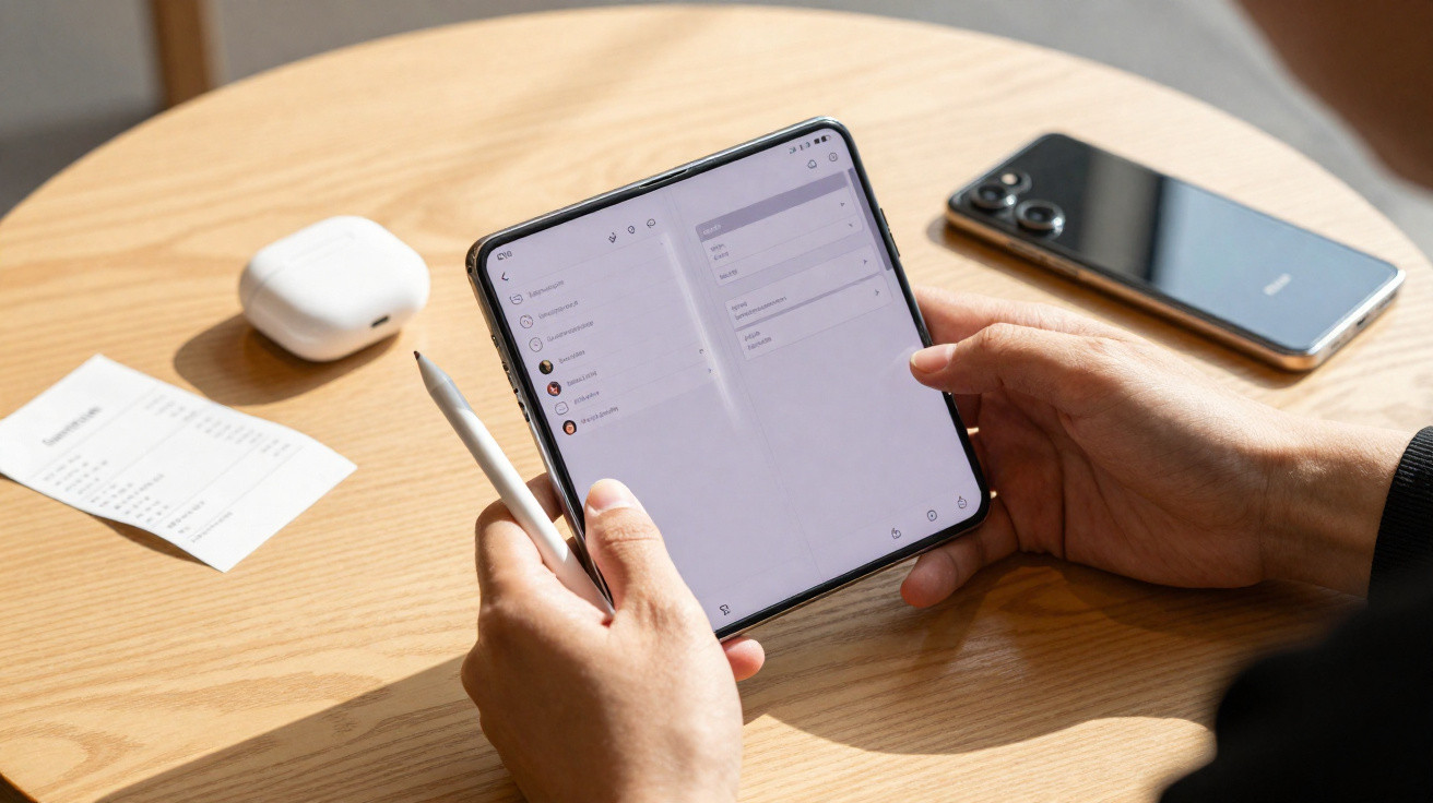 Pessoa a usar telefone dobrável com caneta, mesa com auscultadores, smartphone e recibo.