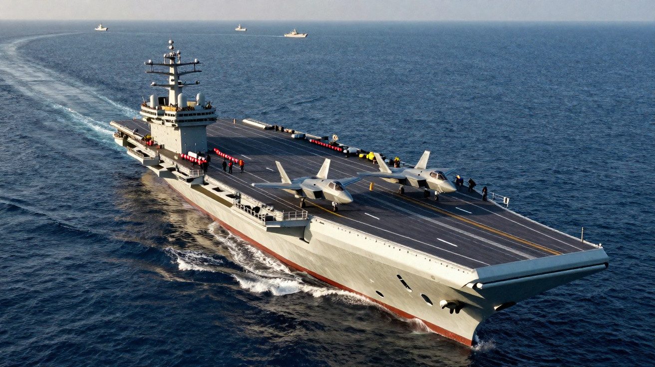 Porta-aviões militar no mar com aviões de combate estacionados no convés e tripulação alinhada.