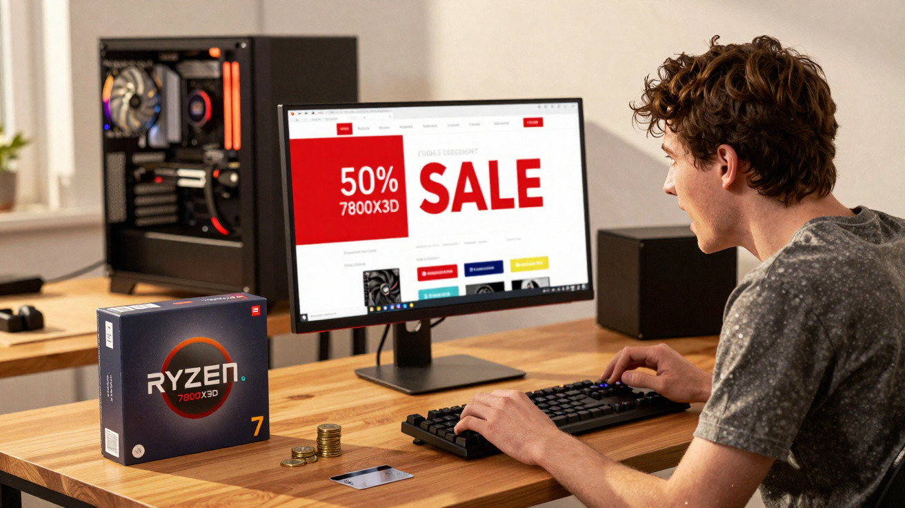 Jovem a usar computador com monitor a mostrar promoção de 50% em Ryzen 7800X3D numa secretária com caixa de processador.