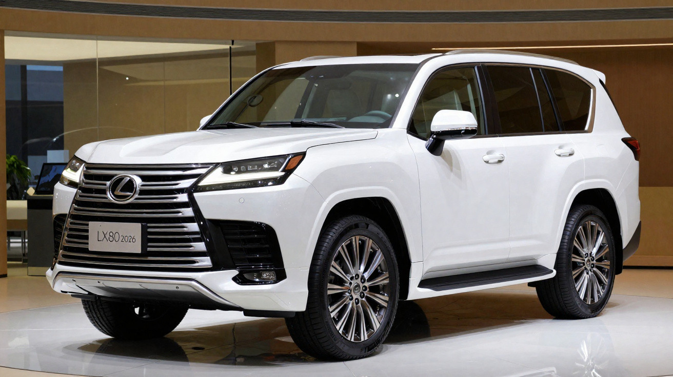 SUV branco Lexus LX 80 2026 estacionado em espaço interior com piso brilhante e fundo neutro.