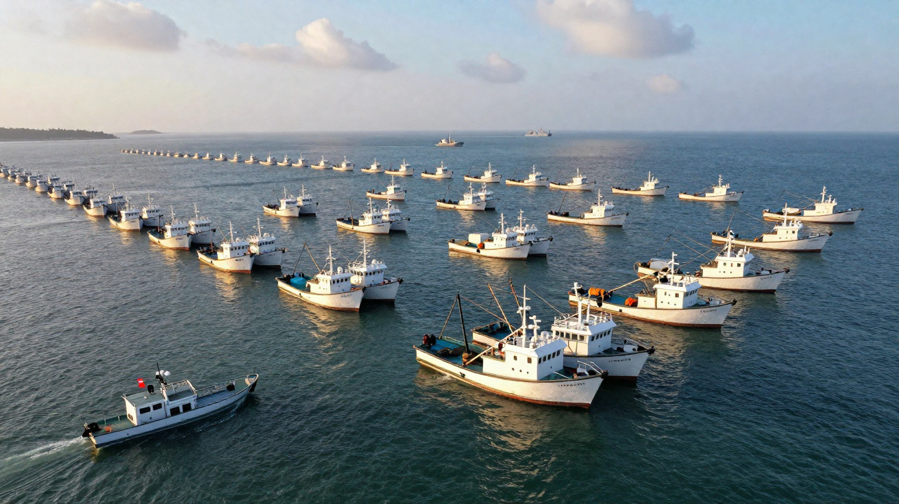 Frota alinhada de barcos de pesca no mar sob céu com nuvens ao pôr do sol.