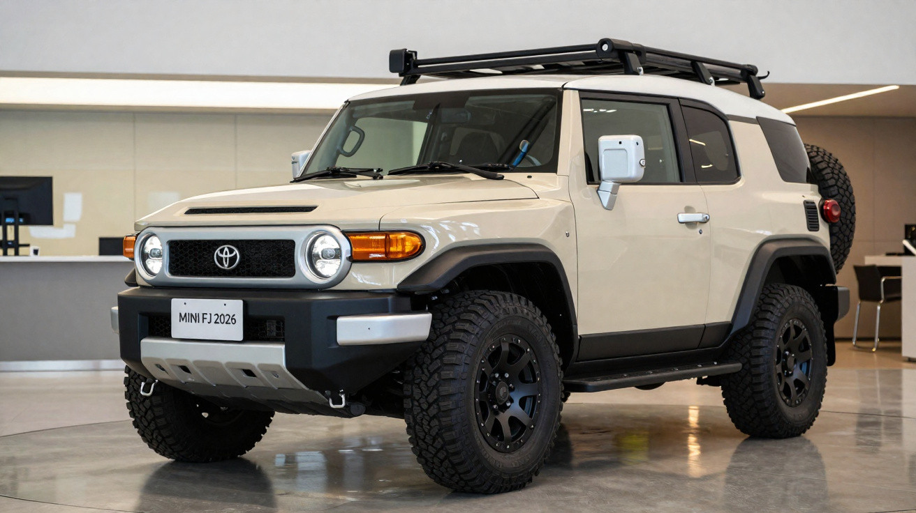 Veículo SUV Toyota Mini FJ 2026 bege com pneus off-road em exposição interior.