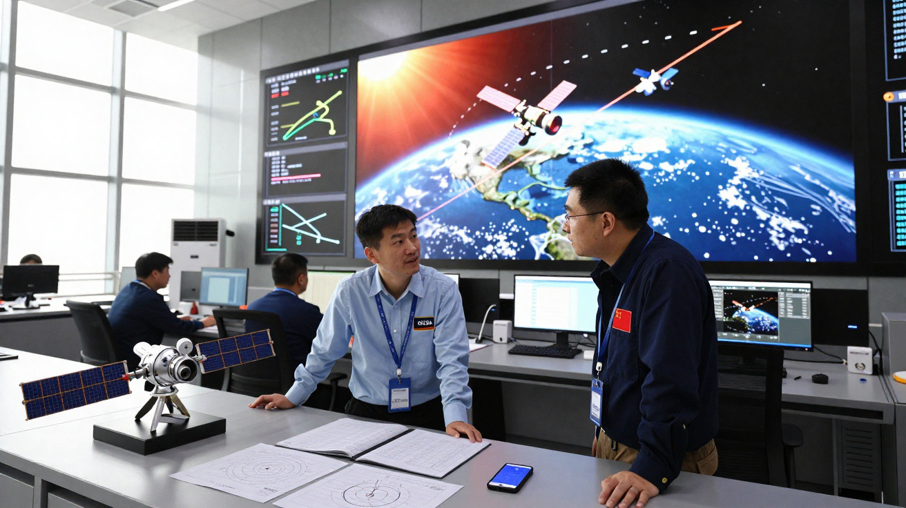 Sala de controlo com técnicos chineses a discutir missão espacial, com modelo de satélite e ecrã com imagens da Terra e satél