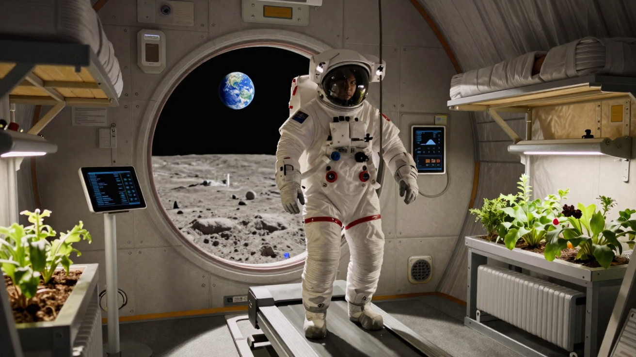 Astronauta em fato espacial caminha numa passadeira dentro de habitat lunar com plantas e janela para a Terra.