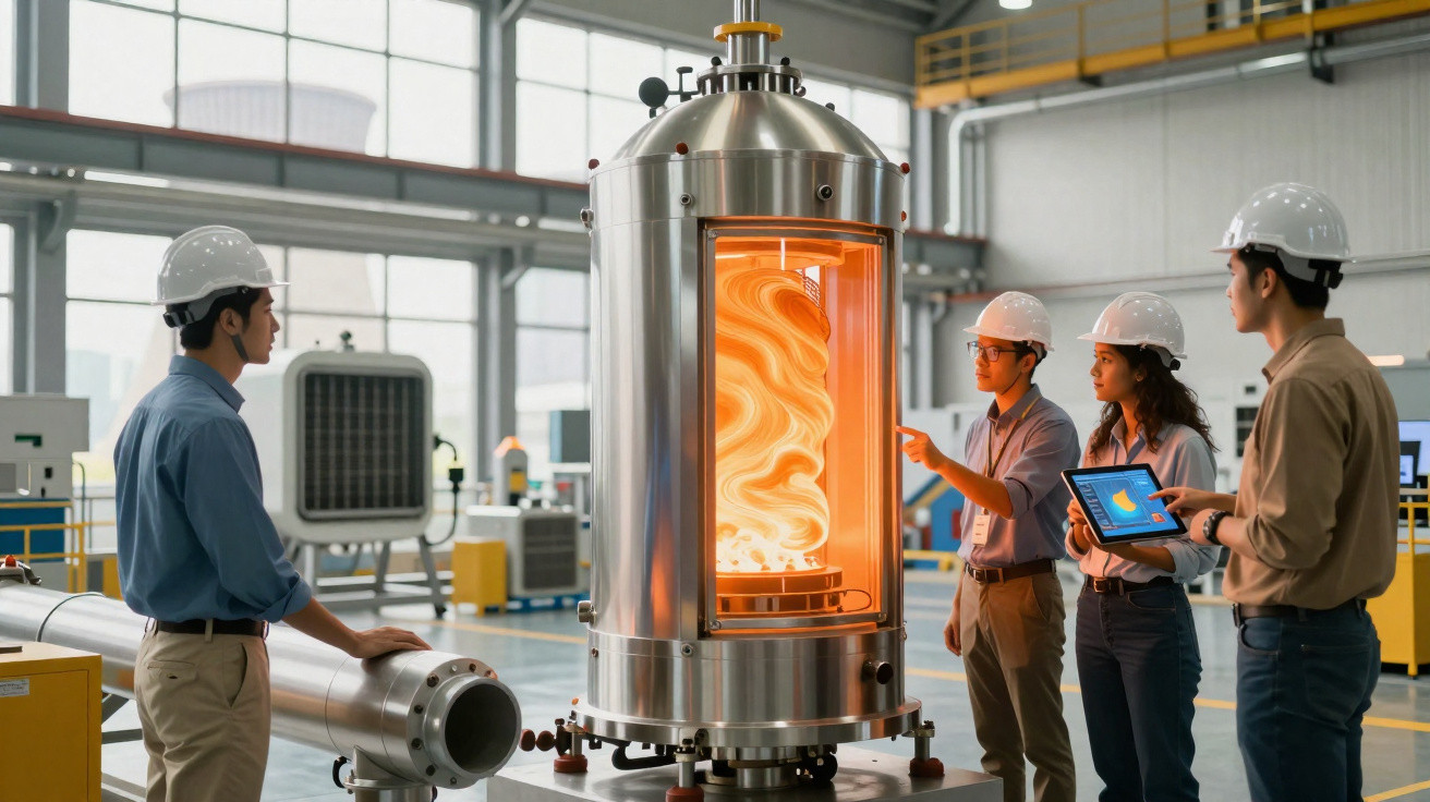 Quatro engenheiros com capacetes e tablet observam equipamento industrial metálico com glow laranja dentro numa fábrica.