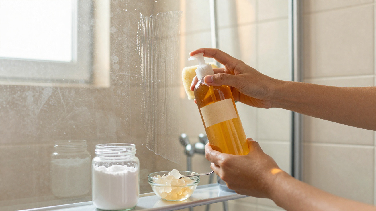 Mãos segurando frasco de produto de limpeza junto a uma janela com utensílios de limpeza na superfície.