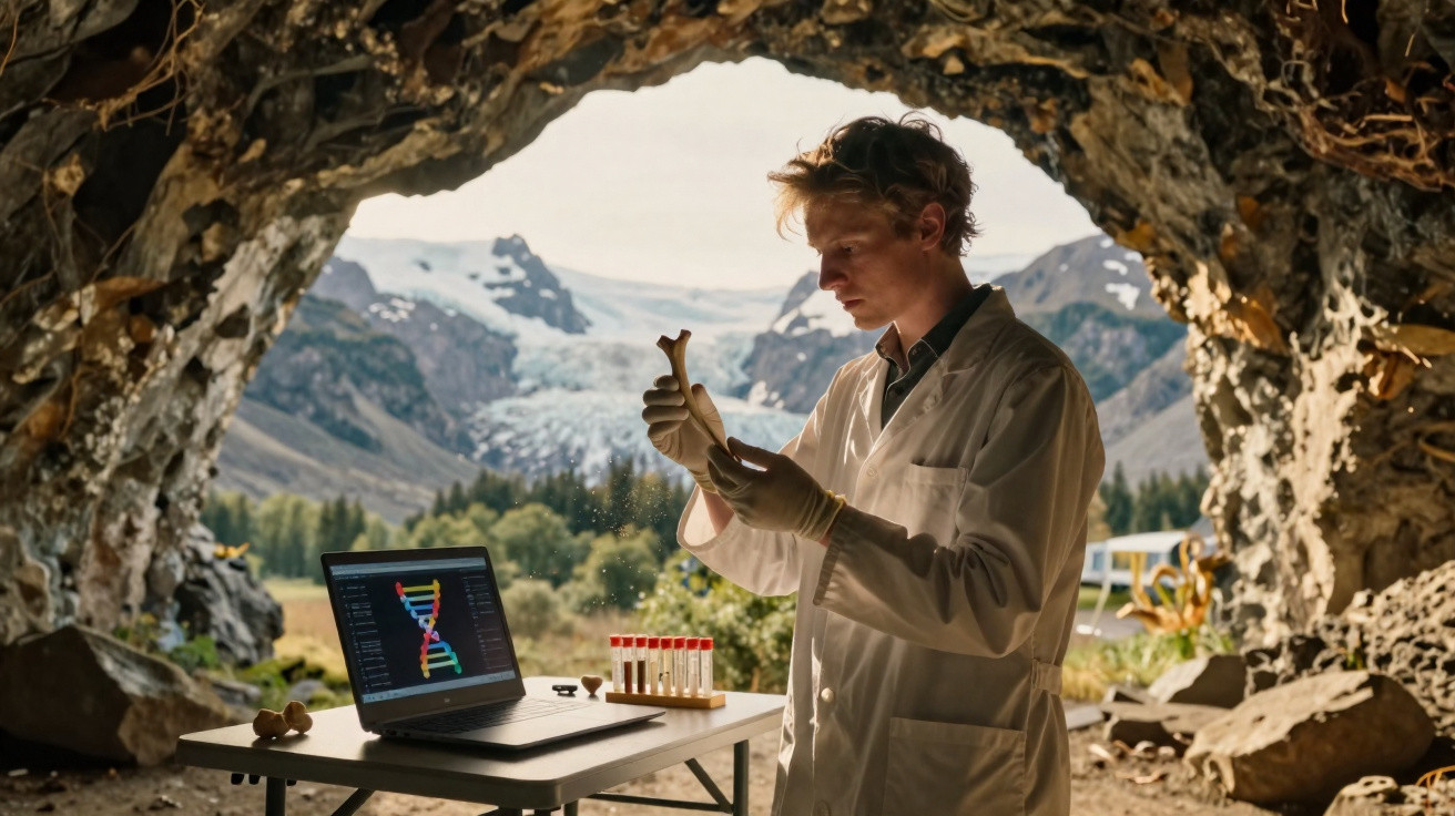 Cientista em laboratório improvisado numa gruta analisa osso com laptop e tubos de ensaio à frente, montanhas ao fundo.