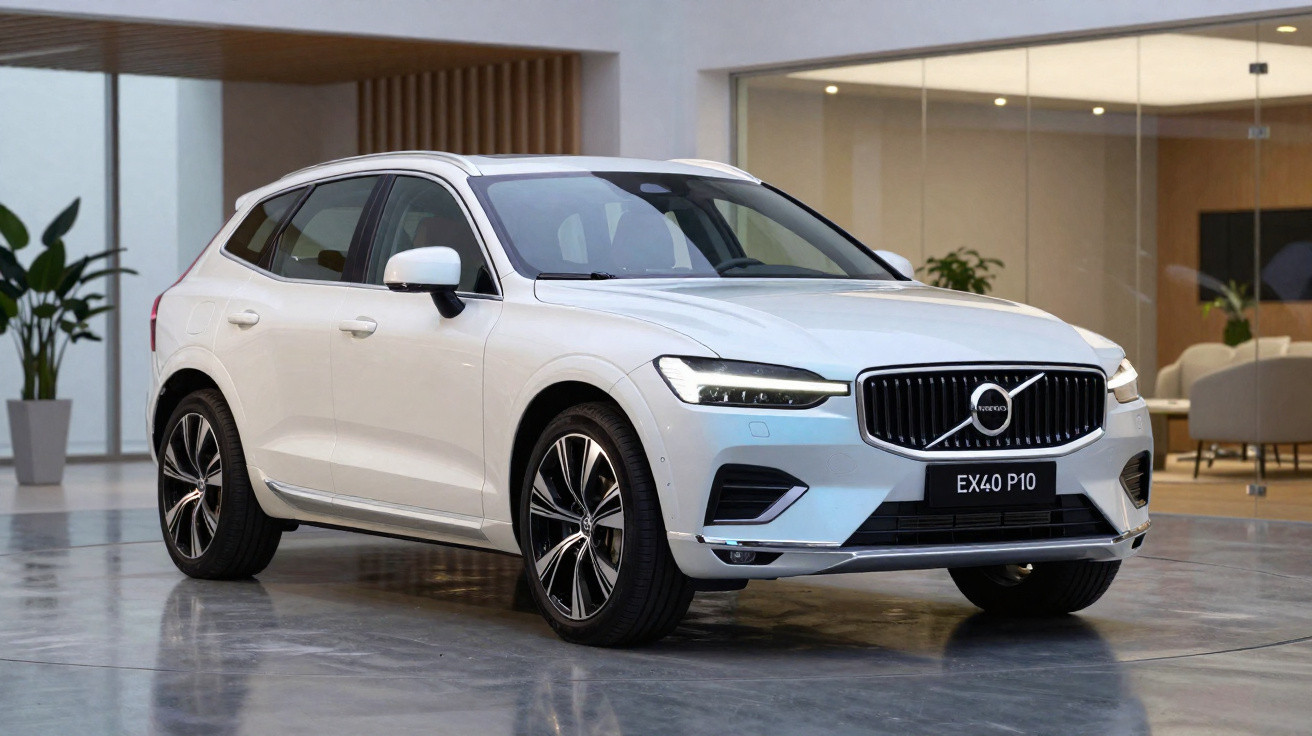 Carro branco Volvo EX40 P10 estacionado num espaço interior moderno com piso brilhante.