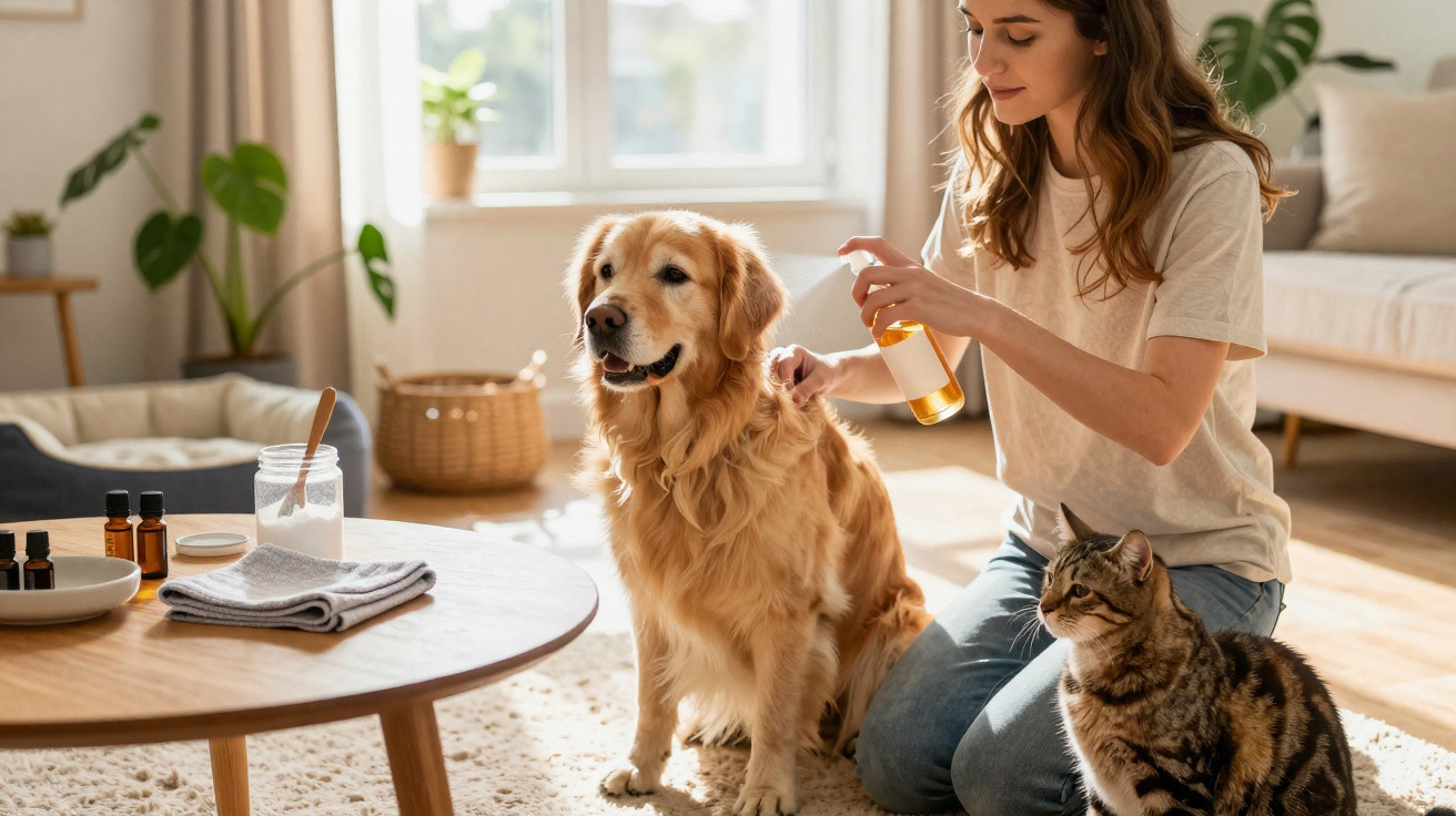 Mulher aplica óleo num cão Golden Retriever enquanto está sentada no chão com um gato junto dela.