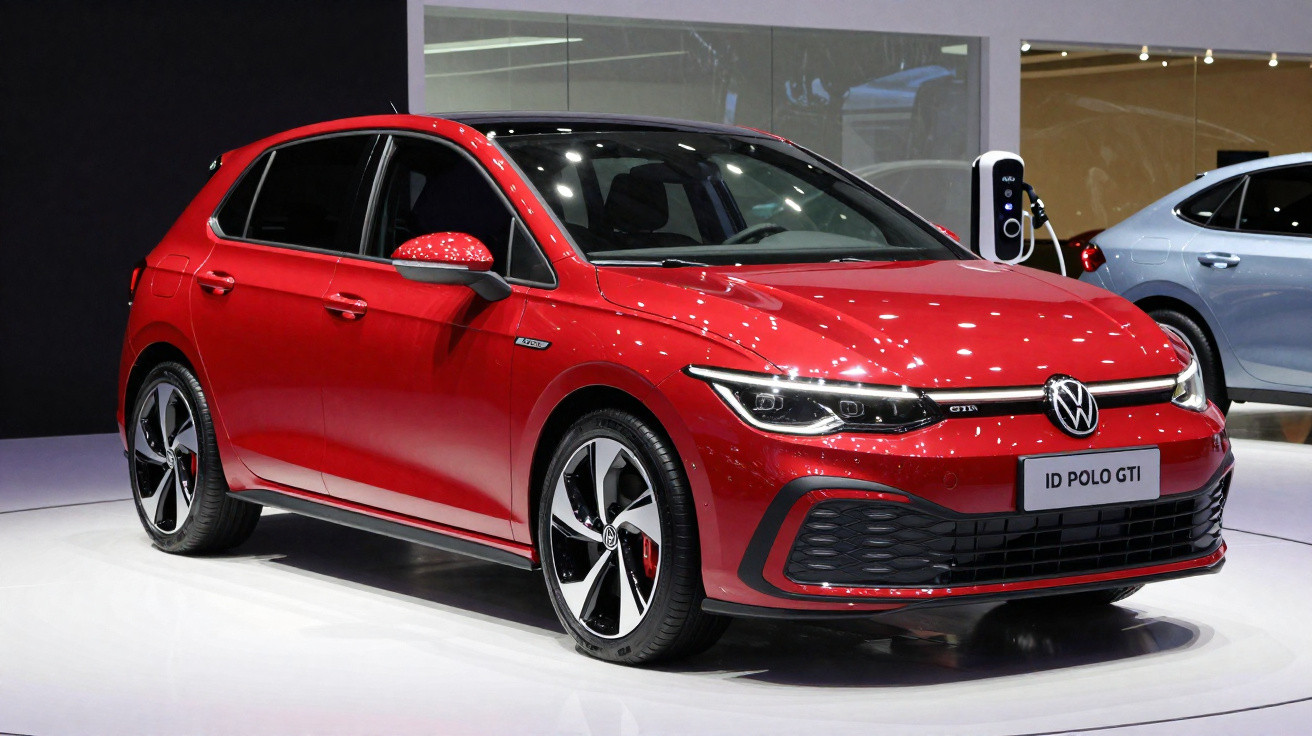 Carro vermelho Volkswagen ID Polo GTI exposto em salão, com design moderno e rodas estilizadas.