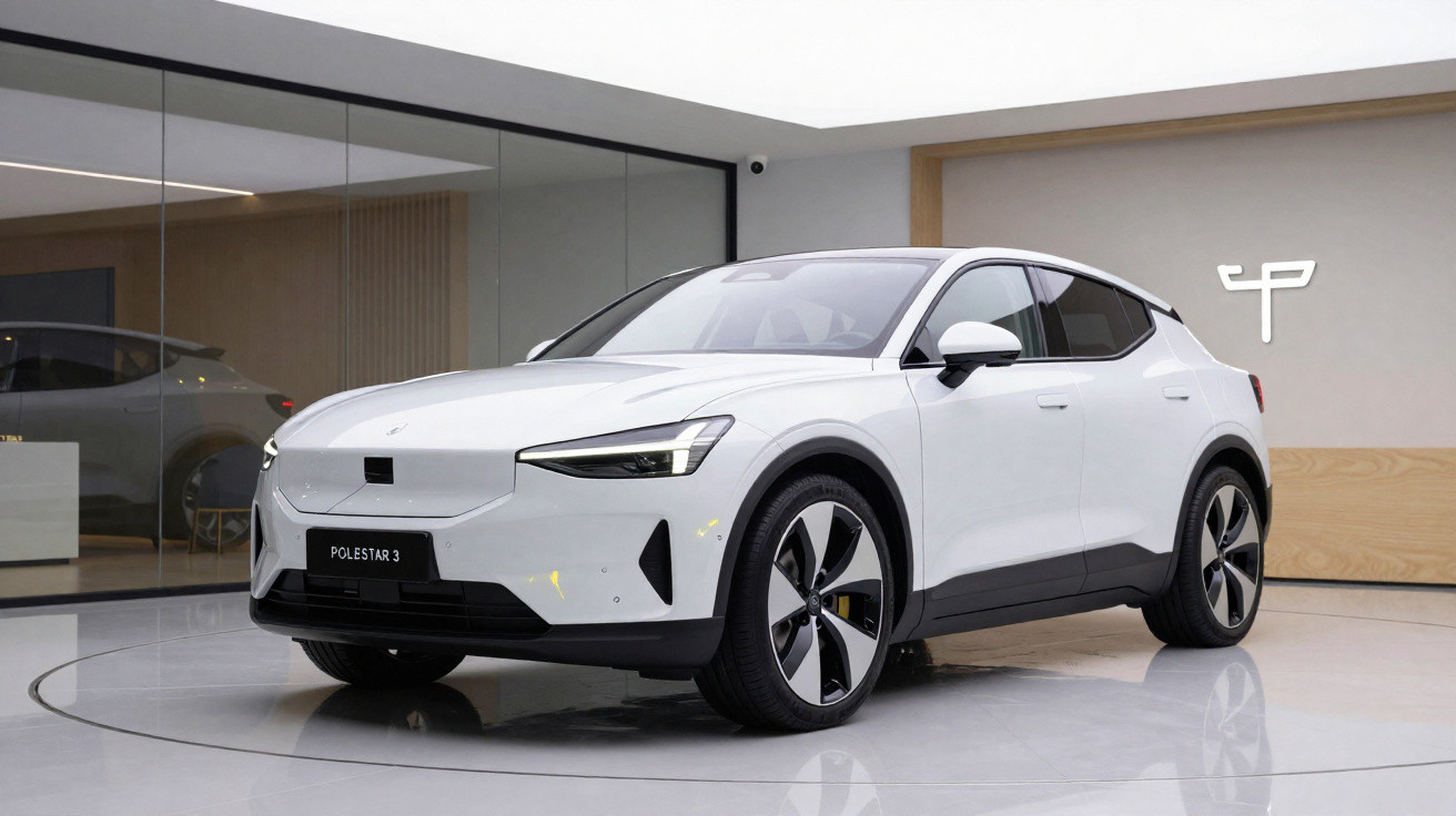 Carro eléctrico Polestar 3 branco numa sala de exposição moderna com paredes de vidro e madeira.
