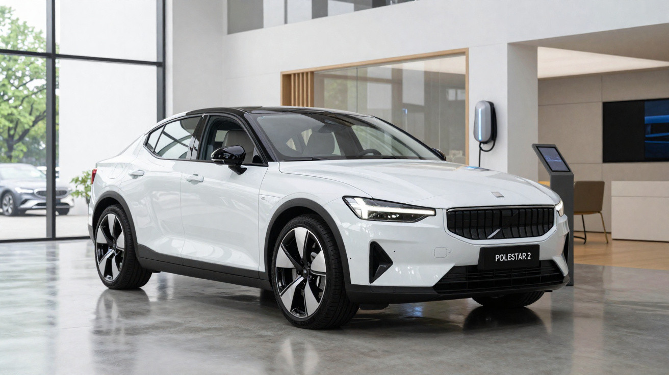 Carro elétrico branco Polestar 2 estacionado em showroom moderno com chão de cimento polido.