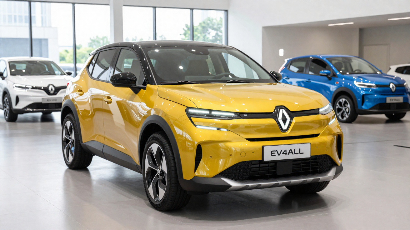 Veículo eléctrico Renault EV4 amarelo exibido numa sala de exposição com outros carros ao fundo.