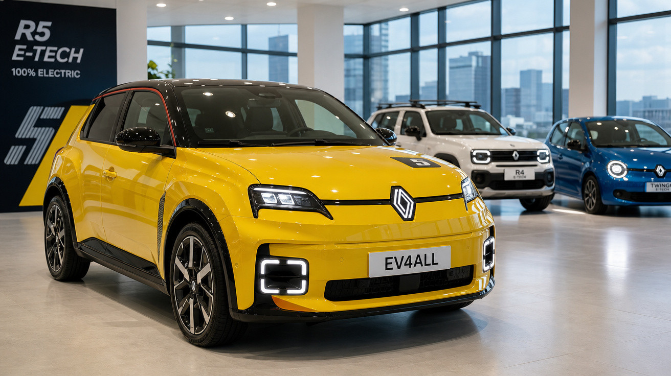 Carro elétrico amarelo Renault EV4ALL em exposição numa sala moderna com outros veículos ao fundo.