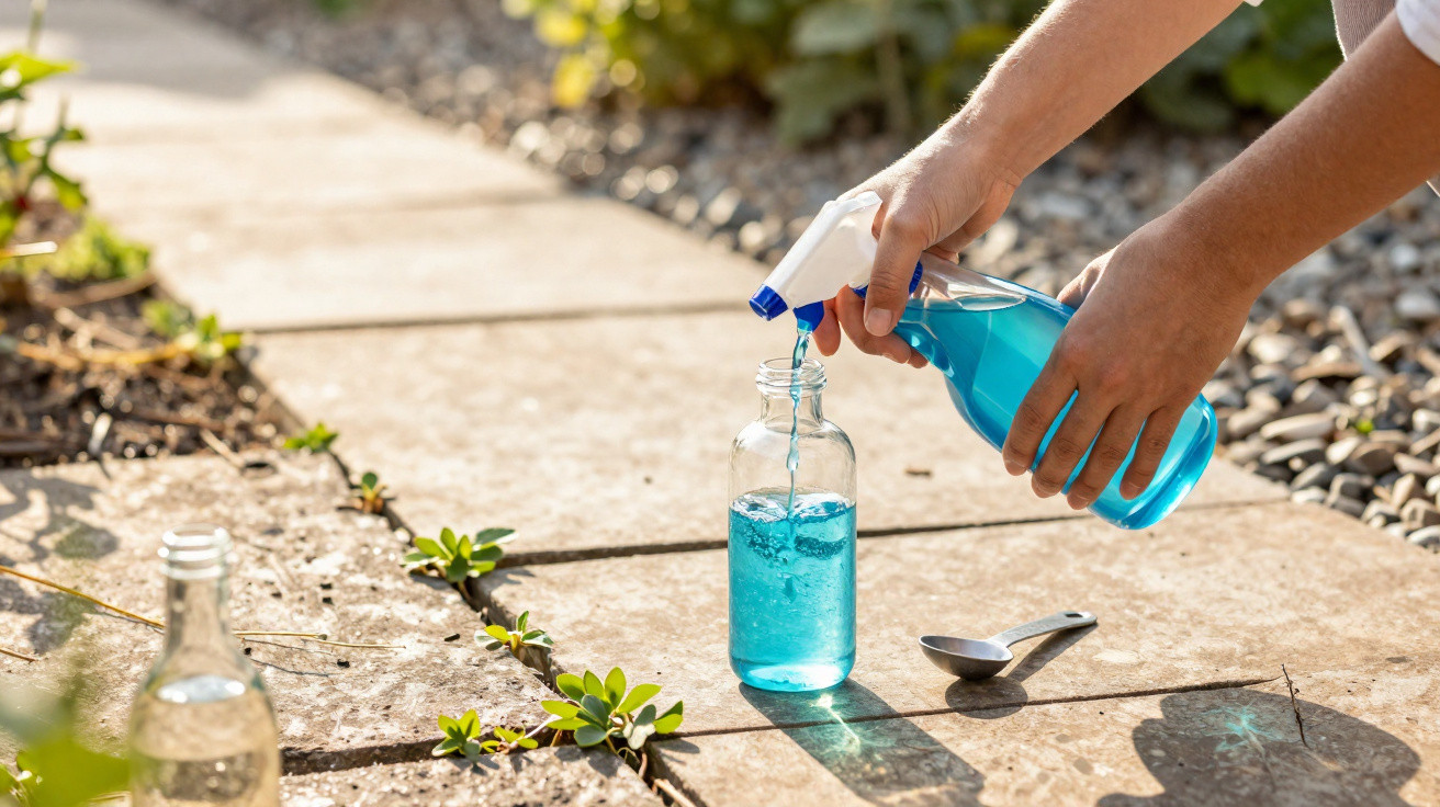 Pessoa a encher um frasco de vidro com líquido azul de um pulverizador num caminho exterior de pedra.