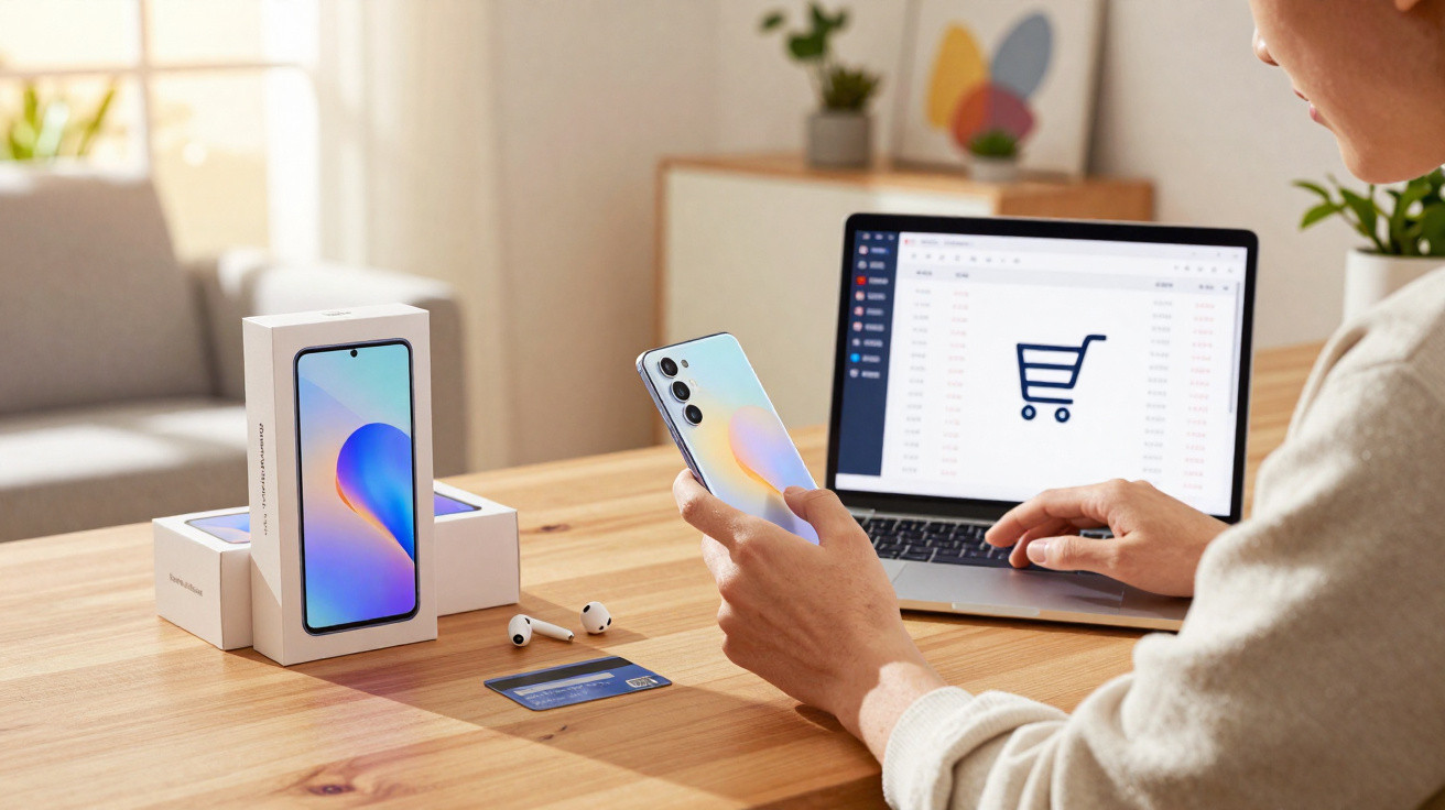 Pessoa a segurar smartphone perto de cartão de crédito, auscultadores, embalagem e computador com carrinho de compras online.