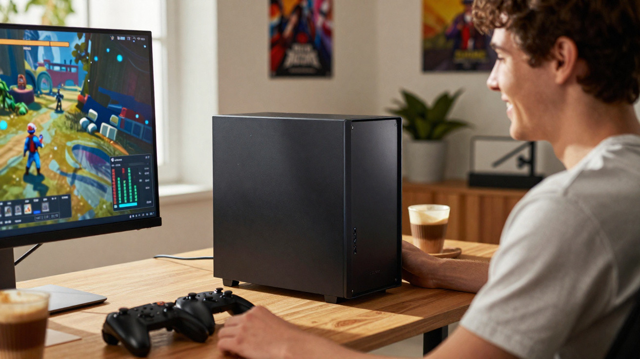 Jovem sentado a jogar videojogos num computador de secretária preto com comandos na mesa de madeira.
