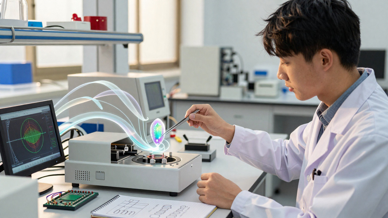Cientista em laboratório a analisar equipamento com gráficos digitais e dispositivo tecnológico avançado.