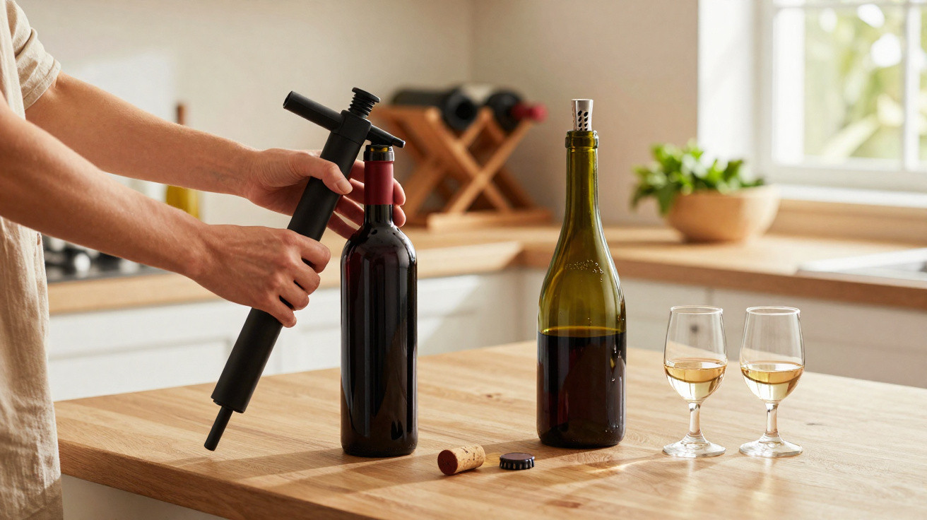 Pessoa a abrir uma garrafa de vinho tinto numa cozinha iluminada com duas taças de vinho branco na mesa.