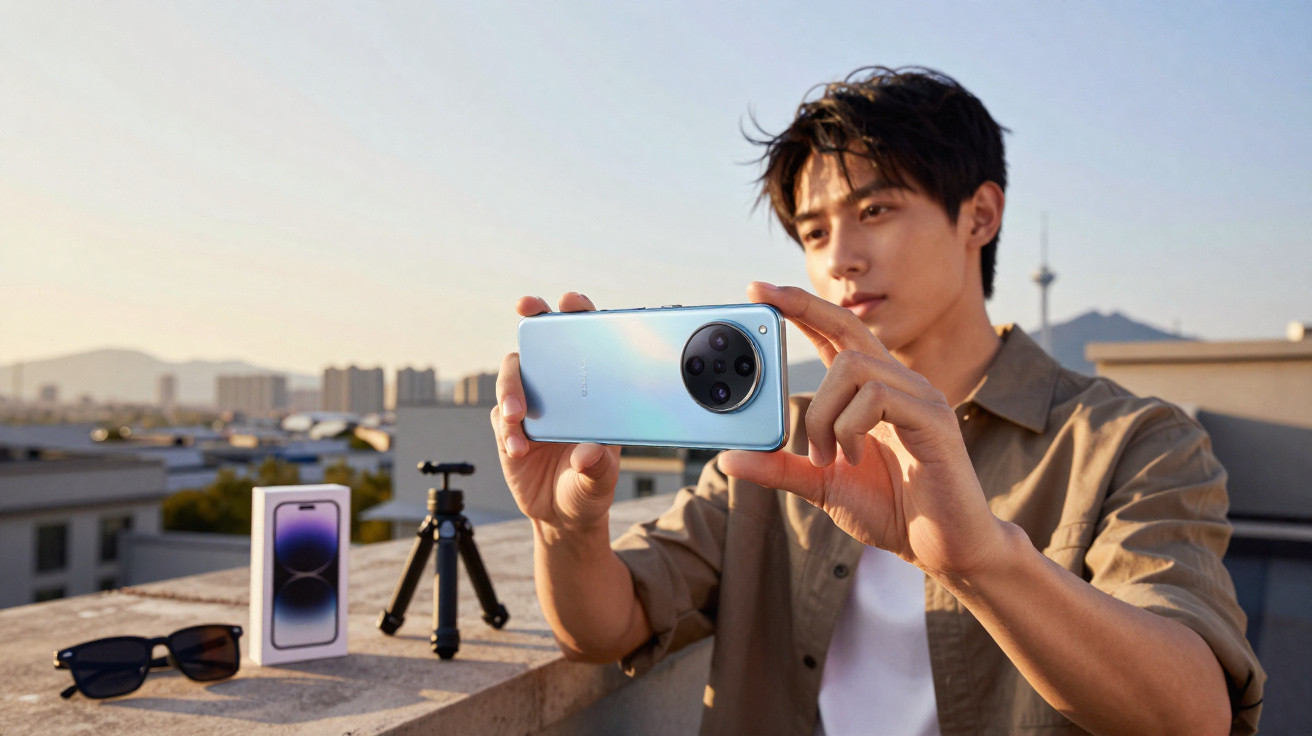 Homem a tirar uma foto com smartphone em varanda ao pôr do sol, com tripé, caixa de telemóvel e óculos na mesa.