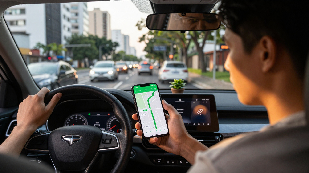 Homem a conduzir um carro Tesla enquanto consulta o GPS num smartphone na mão direita.
