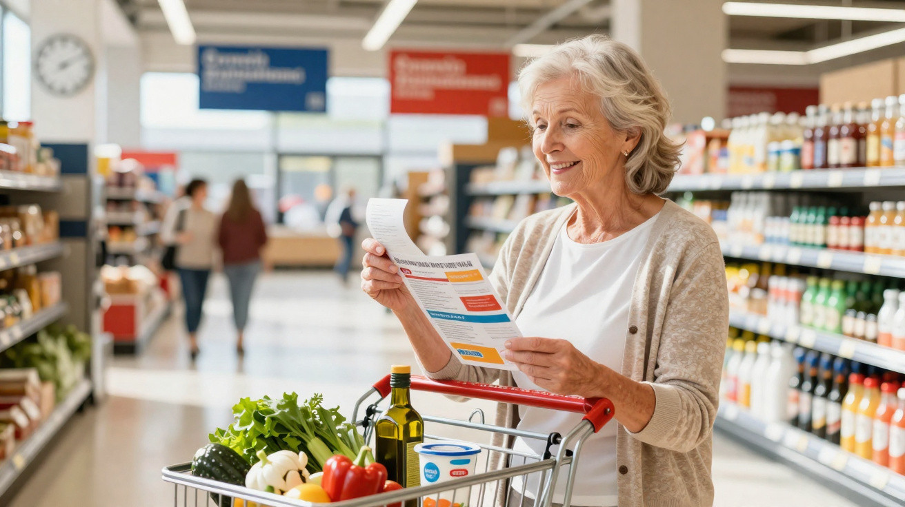 Senhora idosa a ler lista de compras enquanto empurra carrinho com alimentos frescos num supermercado.