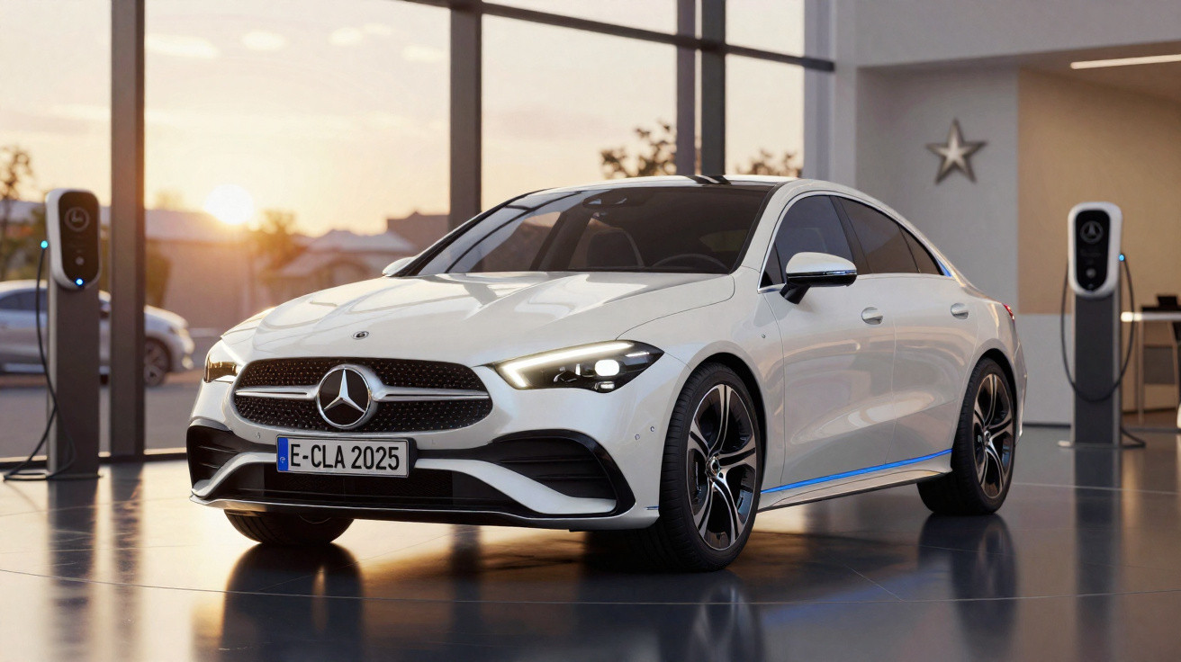 Carro elétrico branco da Mercedes-Benz estacionado numa garagem moderna com carregadores elétricos.