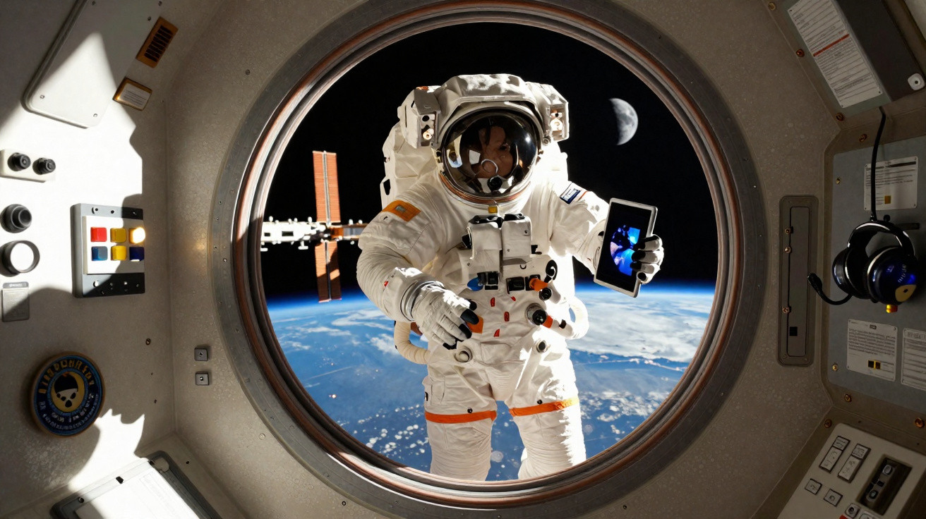 Astronauta em fato espacial a flutuar no espaço com a Terra e a Estação Espacial no fundo.