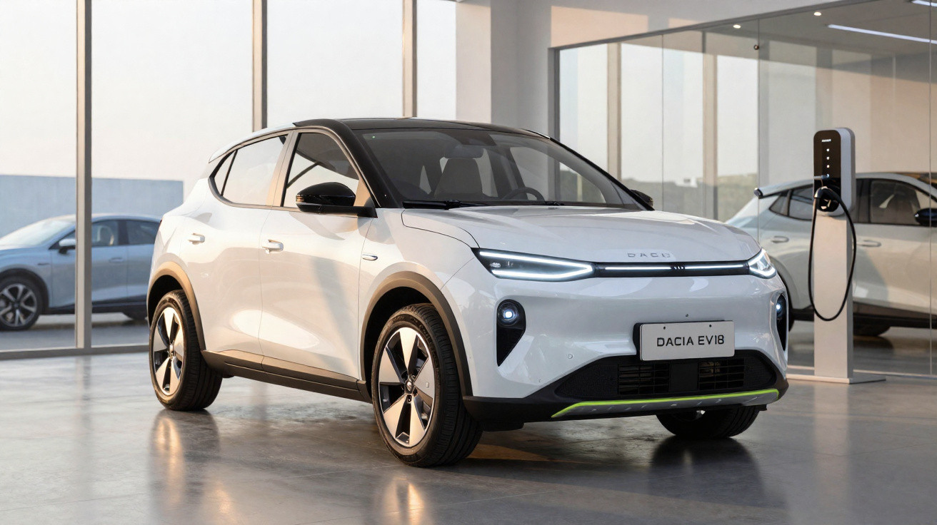 Carro elétrico branco Dacia EV1B estacionado em garagem moderna com estação de carregamento.