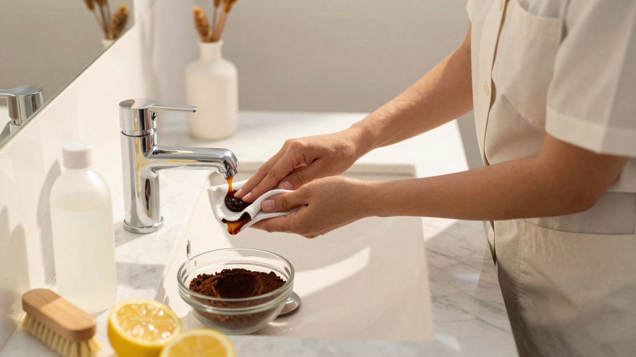 Pessoa a limpar as mãos com esfoliante caseiro de café num lavatório branco, com limão e produtos de cuidado pessoal.