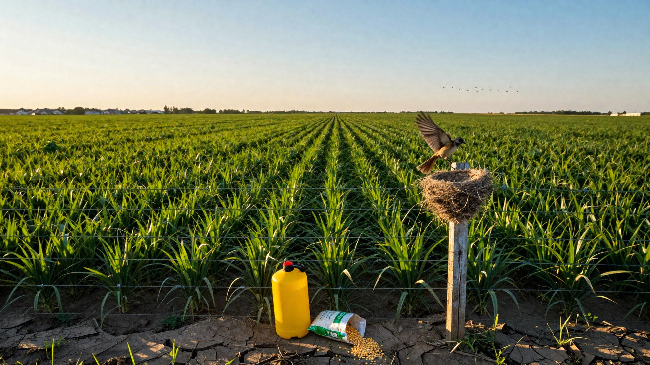 Campo verde de cultivo com rega, ave pousada num ninho sobre poste e produtos agrícolas no solo seco.