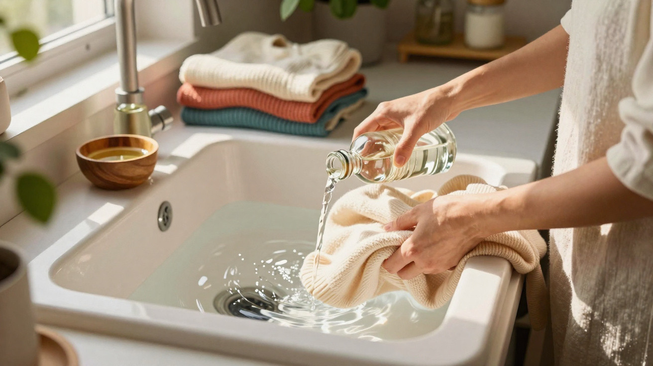 Pessoa a despejar líquido numa peça de roupa num lava-loiça branca numa cozinha com luz natural