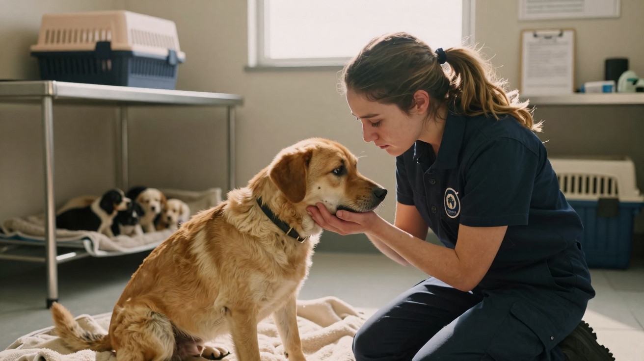 Veterinária conforta cão sentado em clínica com outros cães ao fundo numa sala iluminada pela janela.