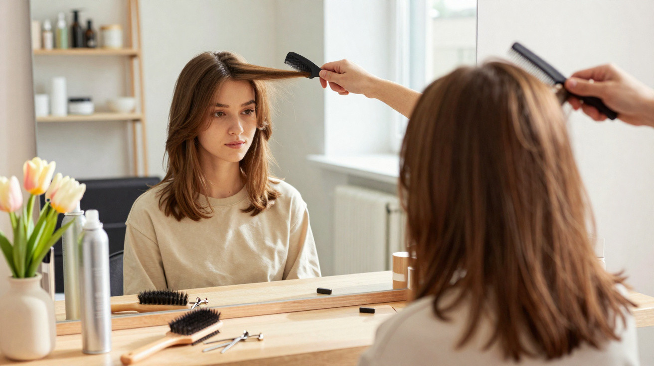 Mulher sentada em frente a um espelho a pentear o cabelo num cabeleireiro.