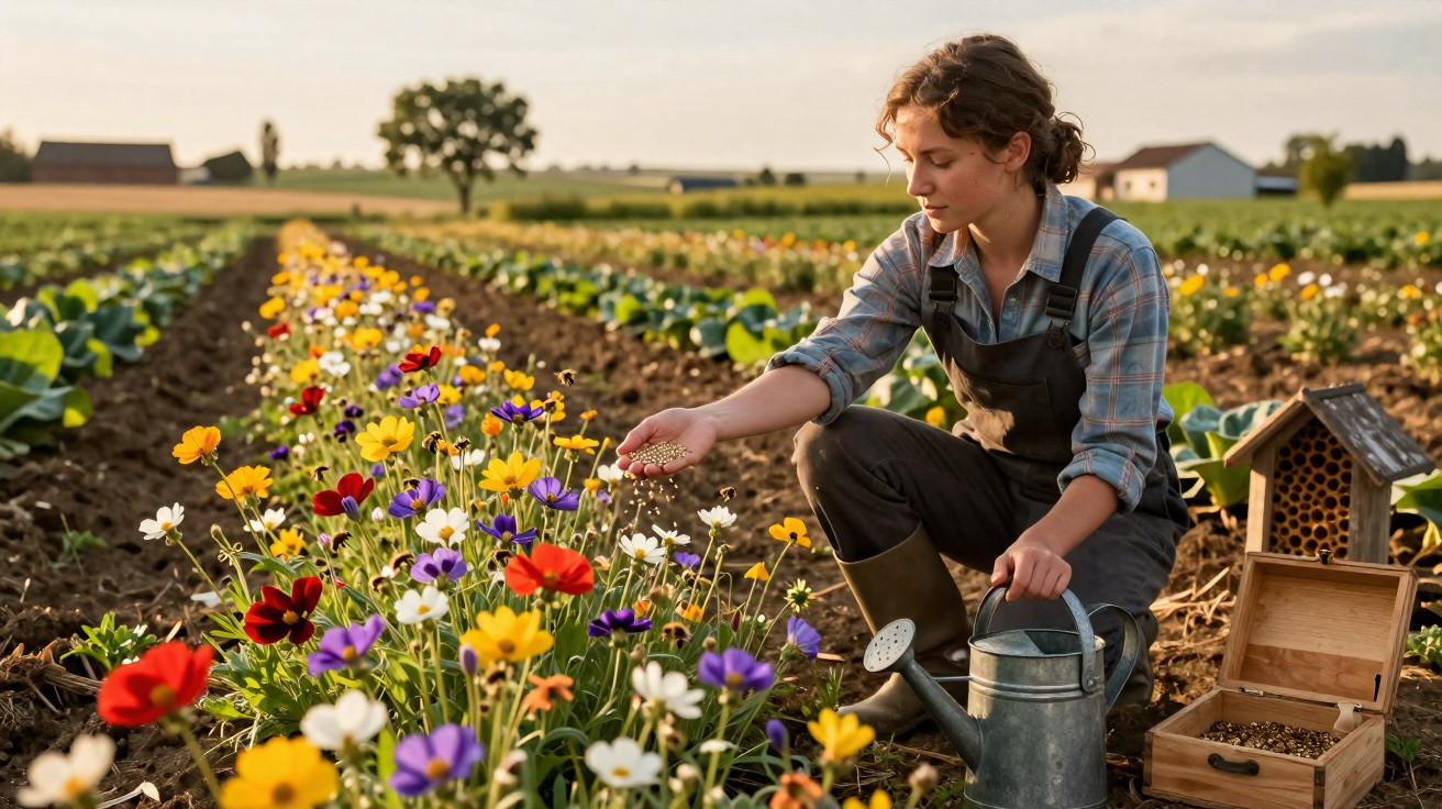 Jovem agricultora debruçada junto a flores coloridas numa horta, com regador e caixa de sementes ao lado.