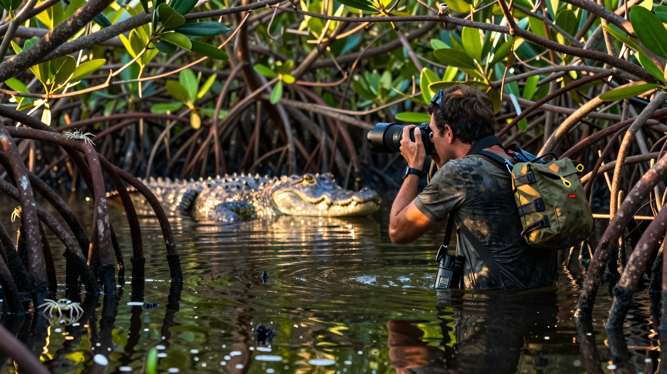 Fotógrafo na água a tirar foto a crocodilo entre raízes de manguezal.
